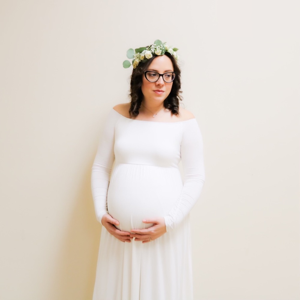 PinkBlush Ivory Solid Off Shoulder Maternity Maxi Dress